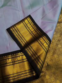 2G Pure Kanjivaram Silk Saree in Pastel Blue with Black Peacock Zari Border & Rich Gold Zari Pallu | Silkmark Certified