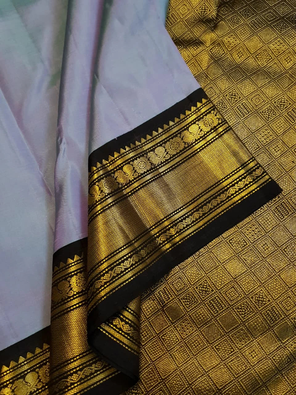 2G Pure Kanjivaram Silk Saree in Pastel Blue with Black Peacock Zari Border & Rich Gold Zari Pallu | Silkmark Certified