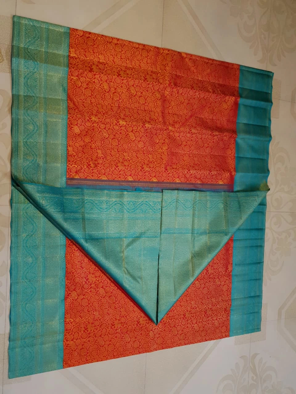 2G Pure Korvai Kanjivaram Silk Saree in Vermilion Red with Turquoise Blue Zari Border & Intricate Floral Brocade | Silkmark Certified