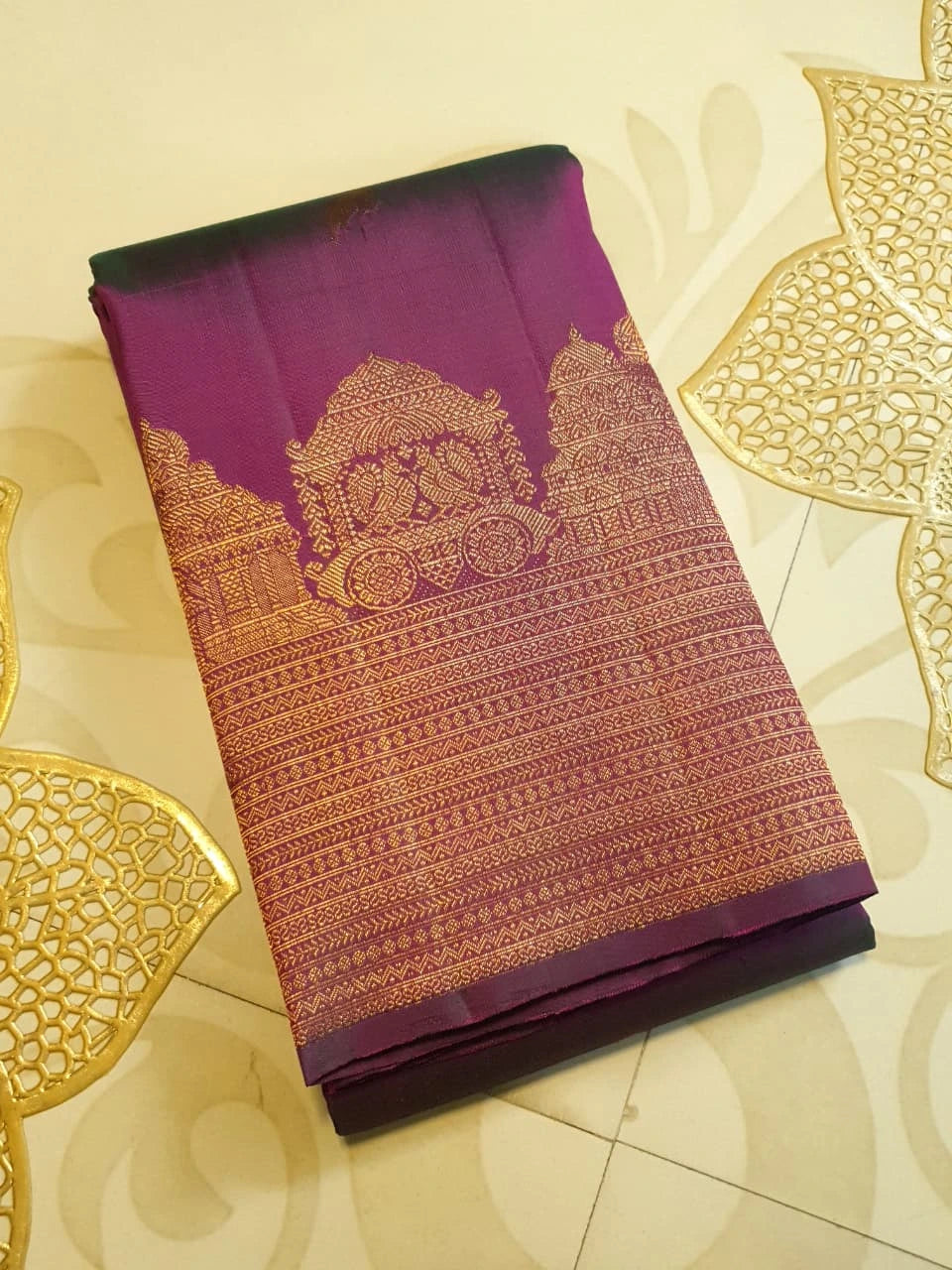 2 Gram Pure Kanjivaram Silk Saree in Rich Purple with Antique Gold Zari Parrot Buttas, Grand Zari Peacock Border & Traditional Zari Pallu | Silkmark Certified