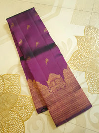 2 Gram Pure Kanjivaram Silk Saree in Rich Purple with Antique Gold Zari Parrot Buttas, Grand Zari Peacock Border & Traditional Zari Pallu | Silkmark Certified