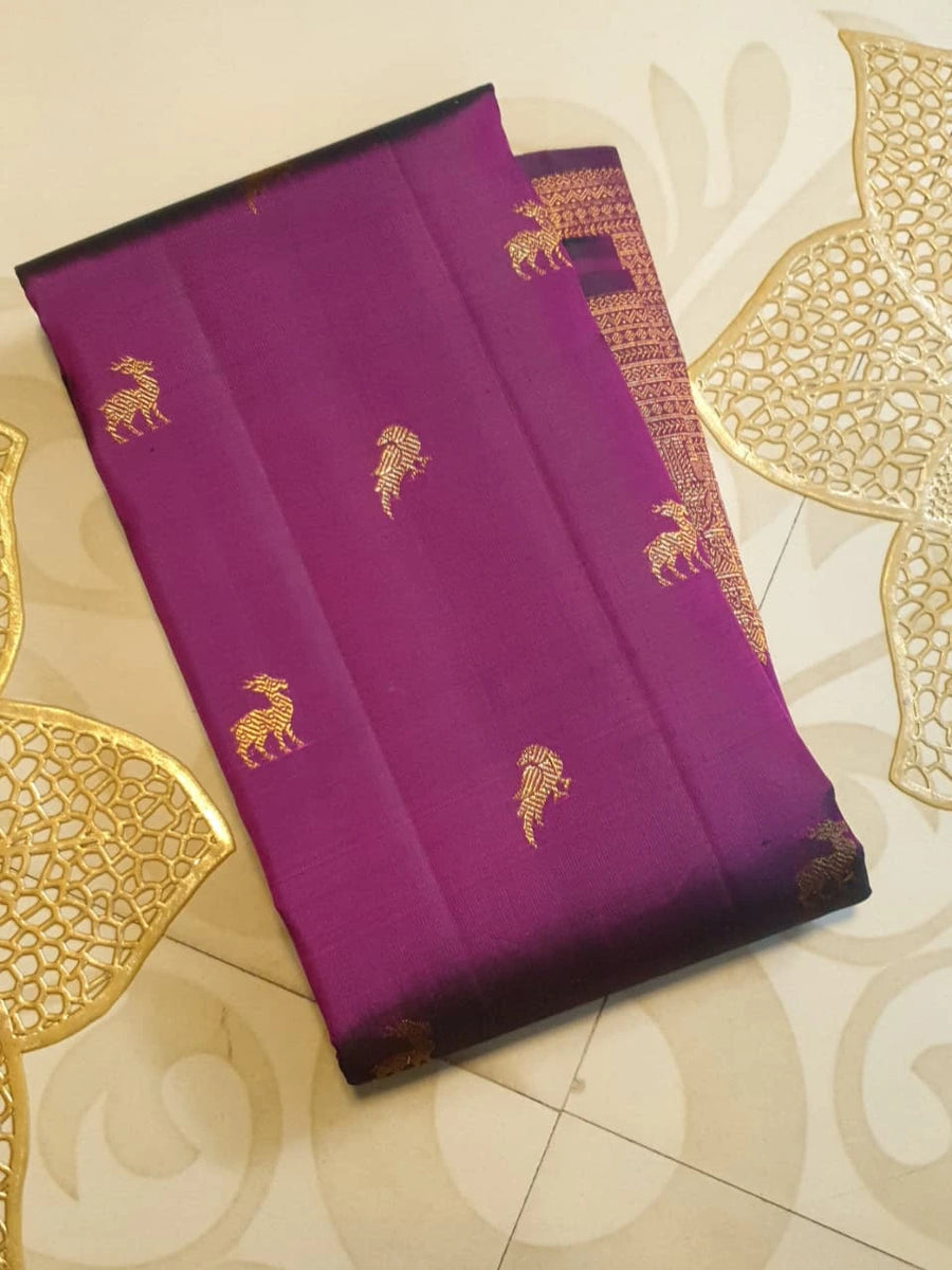 2 Gram Pure Kanjivaram Silk Saree in Rich Purple with Antique Gold Zari Parrot Buttas, Grand Zari Peacock Border & Traditional Zari Pallu | Silkmark Certified