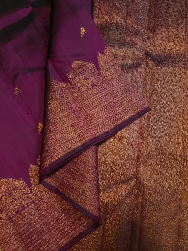 2 Gram Pure Kanjivaram Silk Saree in Rich Purple with Antique Gold Zari Parrot Buttas, Grand Zari Peacock Border & Traditional Zari Pallu | Silkmark Certified