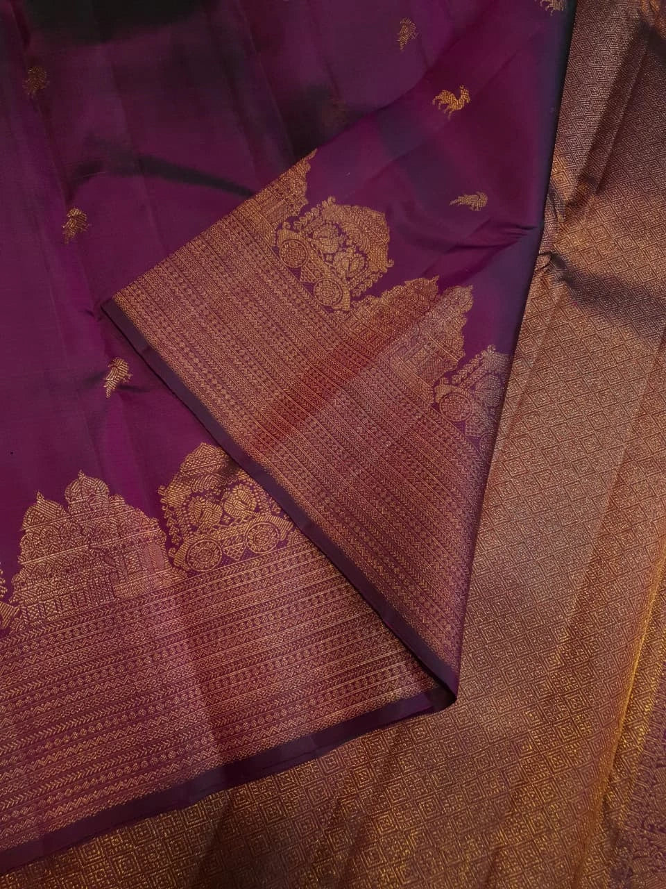 2 Gram Pure Kanjivaram Silk Saree in Rich Purple with Antique Gold Zari Parrot Buttas, Grand Zari Peacock Border & Traditional Zari Pallu | Silkmark Certified