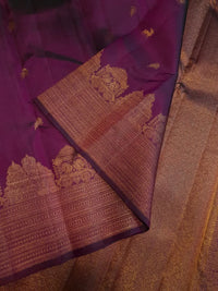 2 Gram Pure Kanjivaram Silk Saree in Rich Purple with Antique Gold Zari Parrot Buttas, Grand Zari Peacock Border & Traditional Zari Pallu | Silkmark Certified