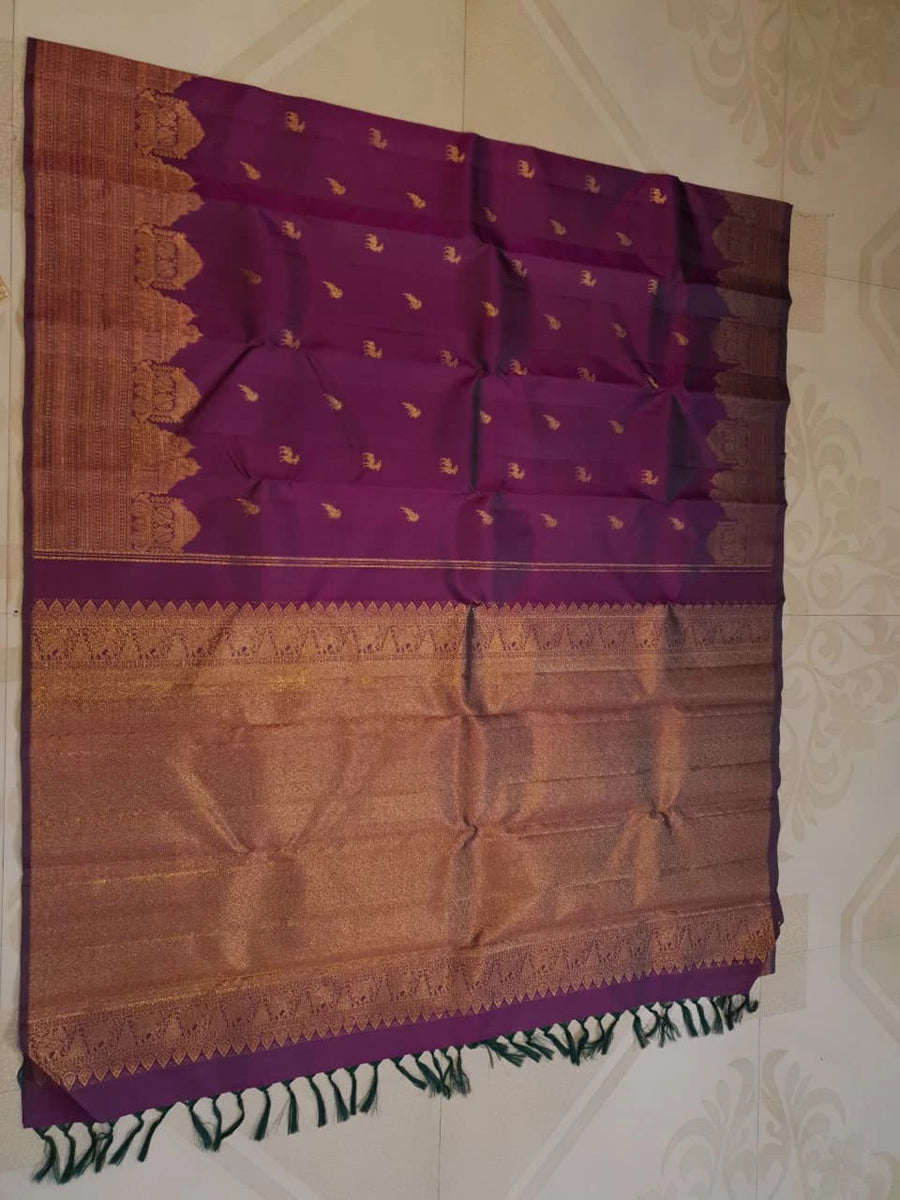 2 Gram Pure Kanjivaram Silk Saree in Rich Purple with Antique Gold Zari Parrot Buttas, Grand Zari Peacock Border & Traditional Zari Pallu | Silkmark Certified