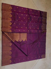 2 Gram Pure Kanjivaram Silk Saree in Rich Purple with Antique Gold Zari Parrot Buttas, Grand Zari Peacock Border & Traditional Zari Pallu | Silkmark Certified