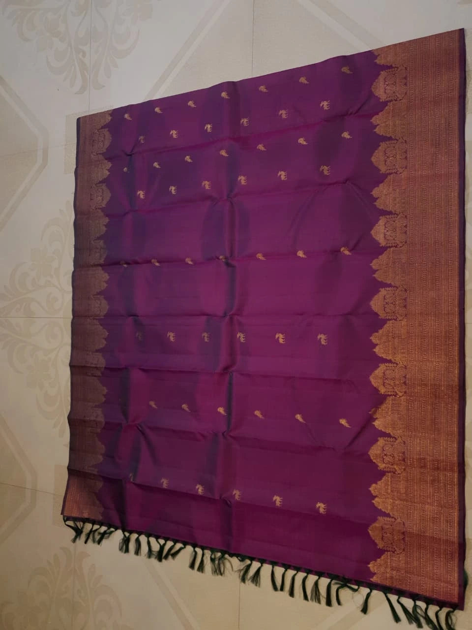 2 Gram Pure Kanjivaram Silk Saree in Rich Purple with Antique Gold Zari Parrot Buttas, Grand Zari Peacock Border & Traditional Zari Pallu | Silkmark Certified
