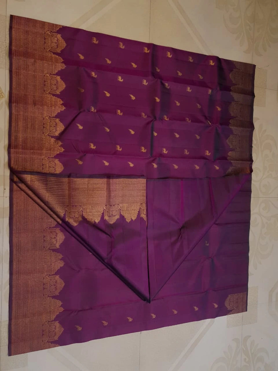 2 Gram Pure Kanjivaram Silk Saree in Rich Purple with Antique Gold Zari Parrot Buttas, Grand Zari Peacock Border & Traditional Zari Pallu | Silkmark Certified