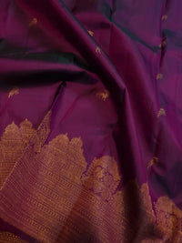 2 Gram Pure Kanjivaram Silk Saree in Rich Purple with Antique Gold Zari Parrot Buttas, Grand Zari Peacock Border & Traditional Zari Pallu | Silkmark Certified