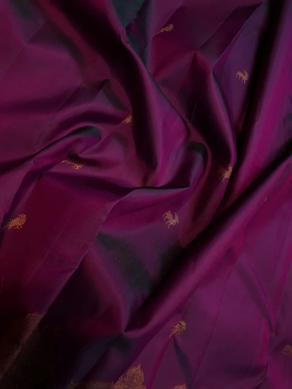 2 Gram Pure Kanjivaram Silk Saree in Rich Purple with Antique Gold Zari Parrot Buttas, Grand Zari Peacock Border & Traditional Zari Pallu | Silkmark Certified