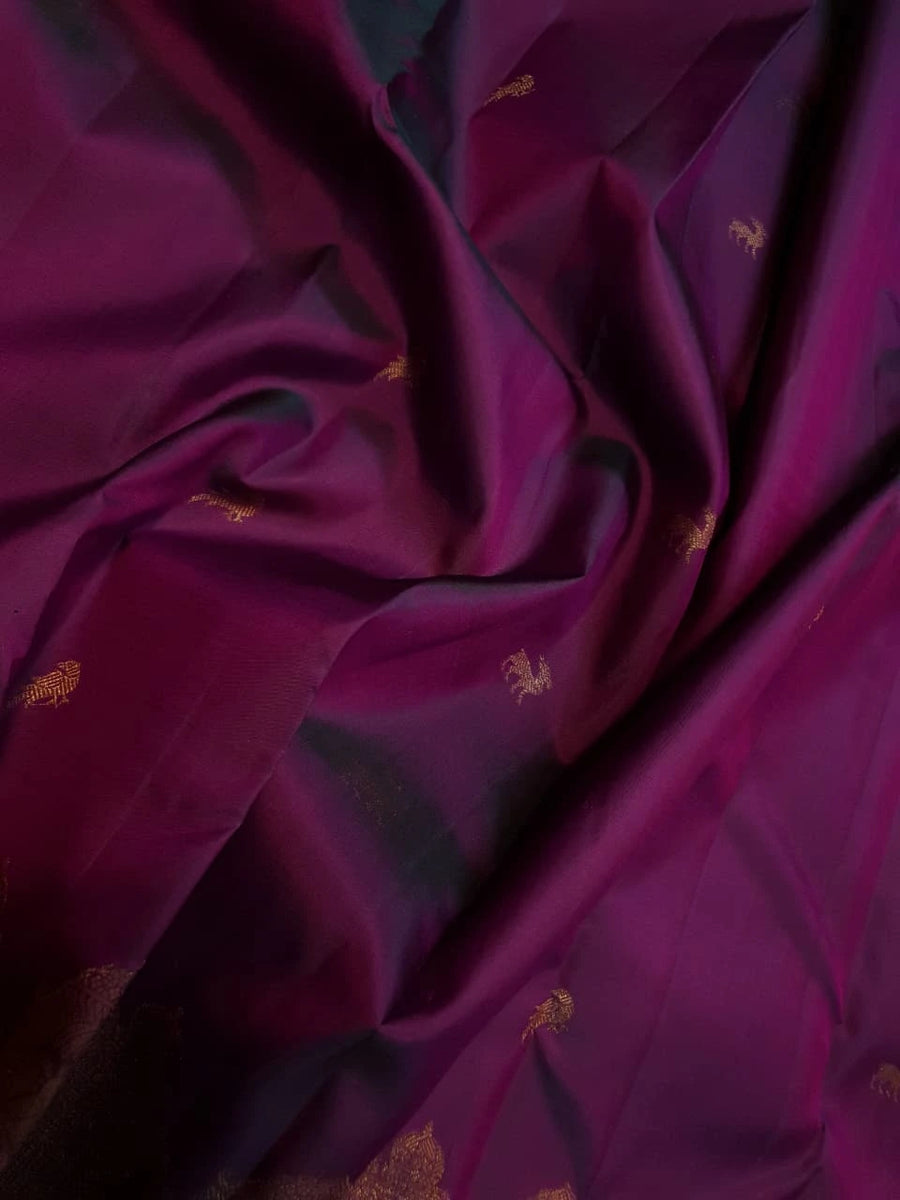2 Gram Pure Kanjivaram Silk Saree in Rich Purple with Antique Gold Zari Parrot Buttas, Grand Zari Peacock Border & Traditional Zari Pallu | Silkmark Certified