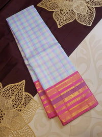 2G Pure Korvai Kanjivaram Silk Saree in Pastel Aqua Blue & Lavender Checks with Rich Magenta Pink Gold Zari Striped Border | Silkmark Certified