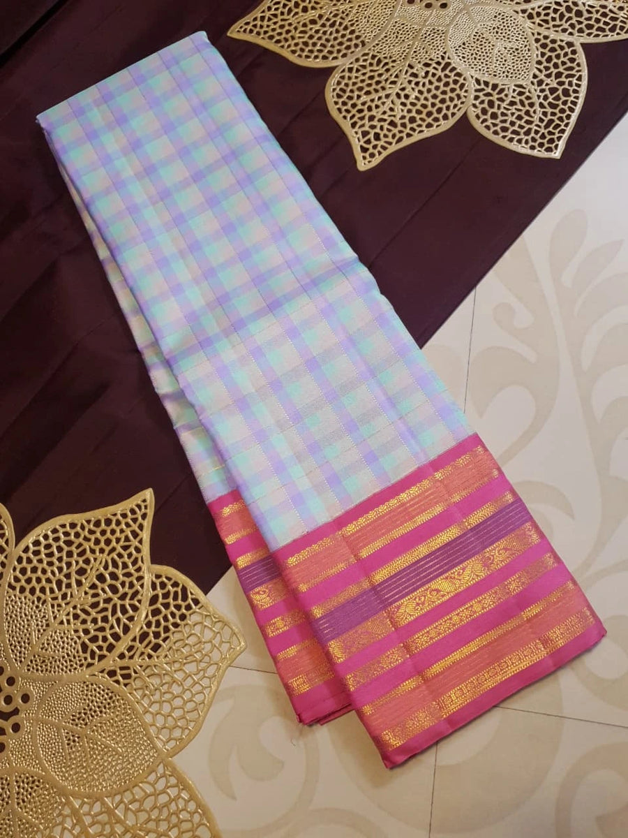 2G Pure Korvai Kanjivaram Silk Saree in Pastel Aqua Blue & Lavender Checks with Rich Magenta Pink Gold Zari Striped Border | Silkmark Certified