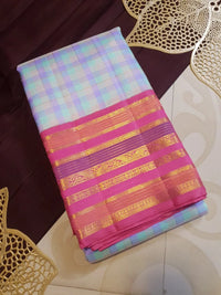 2G Pure Korvai Kanjivaram Silk Saree in Pastel Aqua Blue & Lavender Checks with Rich Magenta Pink Gold Zari Striped Border | Silkmark Certified
