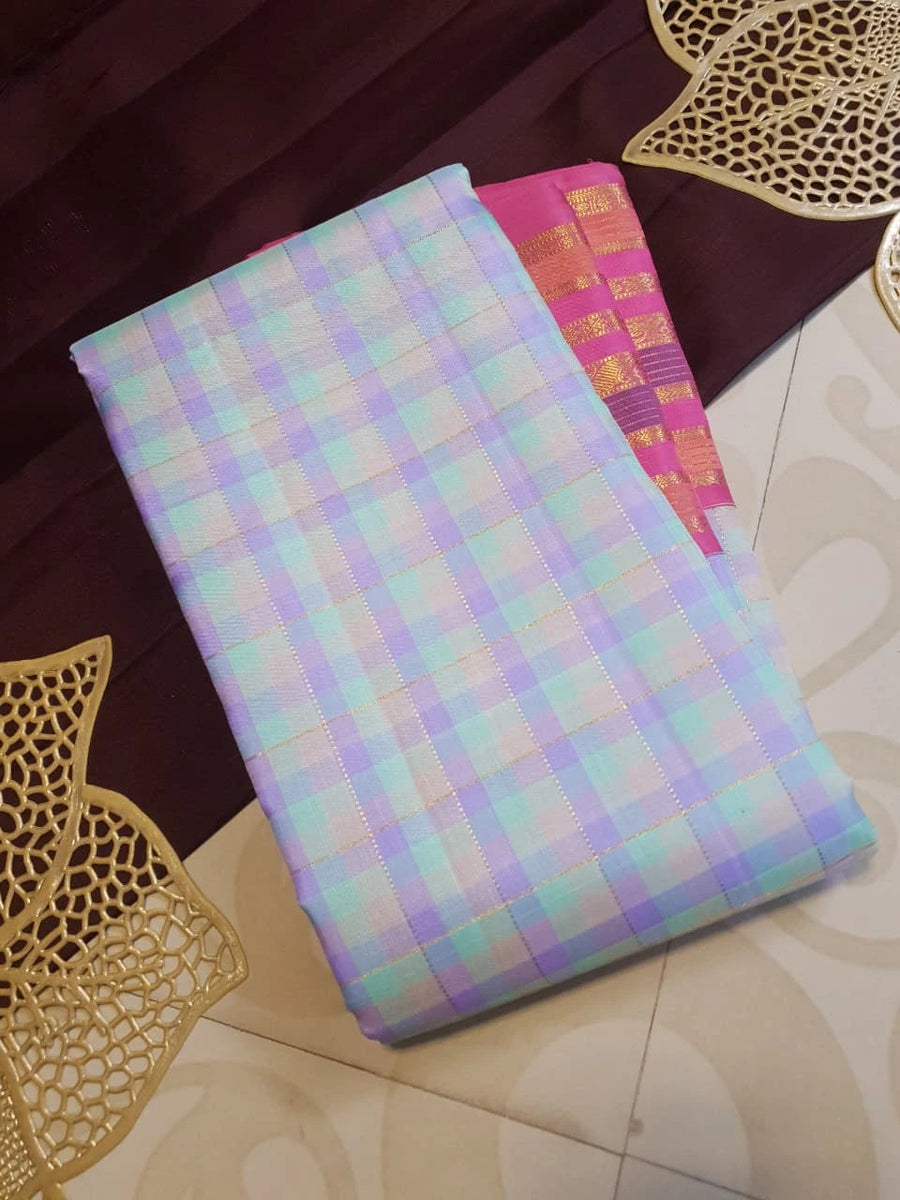 2G Pure Korvai Kanjivaram Silk Saree in Pastel Aqua Blue & Lavender Checks with Rich Magenta Pink Gold Zari Striped Border | Silkmark Certified