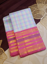 2G Pure Korvai Kanjivaram Silk Saree in Pastel Aqua Blue & Lavender Checks with Rich Magenta Pink Gold Zari Striped Border | Silkmark Certified