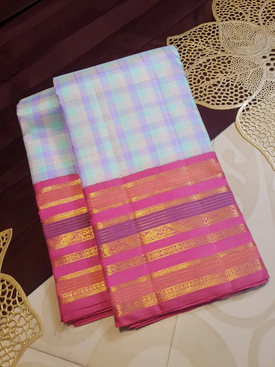 2G Pure Korvai Kanjivaram Silk Saree in Pastel Aqua Blue & Lavender Checks with Rich Magenta Pink Gold Zari Striped Border | Silkmark Certified