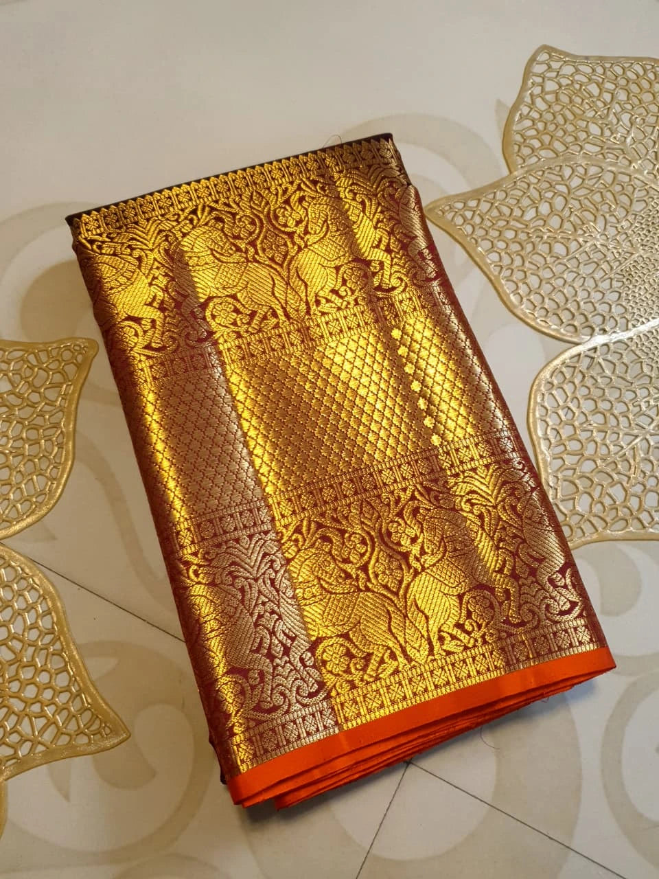 2 Gram Pure Kanjivaram Silk Saree in Rich Maroon with Antique Gold Zari Peacock Buttas, Grand Zari Border & Traditional Zari Pallu | Silkmark Certified