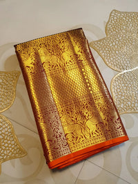 2 Gram Pure Kanjivaram Silk Saree in Rich Maroon with Antique Gold Zari Peacock Buttas, Grand Zari Border & Traditional Zari Pallu | Silkmark Certified