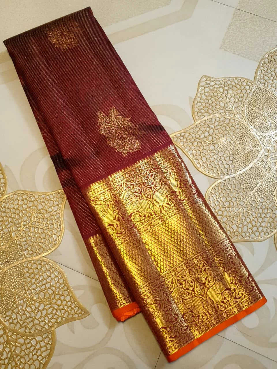 2 Gram Pure Kanjivaram Silk Saree in Rich Maroon with Antique Gold Zari Peacock Buttas, Grand Zari Border & Traditional Zari Pallu | Silkmark Certified