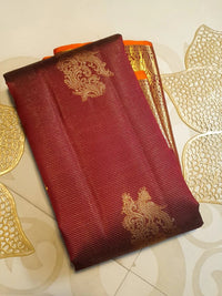2 Gram Pure Kanjivaram Silk Saree in Rich Maroon with Antique Gold Zari Peacock Buttas, Grand Zari Border & Traditional Zari Pallu | Silkmark Certified