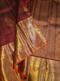2 Gram Pure Kanjivaram Silk Saree in Rich Maroon with Antique Gold Zari Peacock Buttas, Grand Zari Border & Traditional Zari Pallu | Silkmark Certified