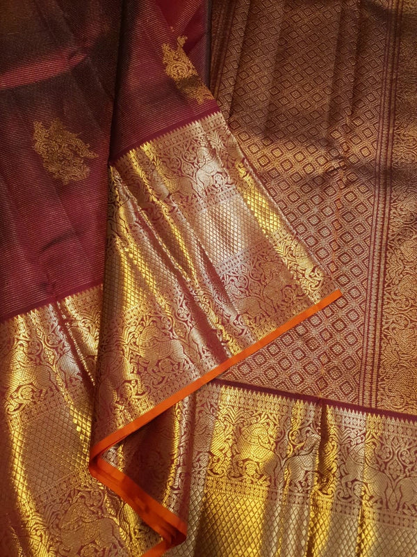 2 Gram Pure Kanjivaram Silk Saree in Rich Maroon with Antique Gold Zari Peacock Buttas, Grand Zari Border & Traditional Zari Pallu | Silkmark Certified