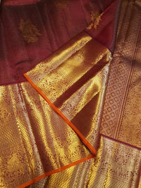 2 Gram Pure Kanjivaram Silk Saree in Rich Maroon with Antique Gold Zari Peacock Buttas, Grand Zari Border & Traditional Zari Pallu | Silkmark Certified