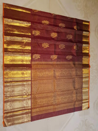 2 Gram Pure Kanjivaram Silk Saree in Rich Maroon with Antique Gold Zari Peacock Buttas, Grand Zari Border & Traditional Zari Pallu | Silkmark Certified