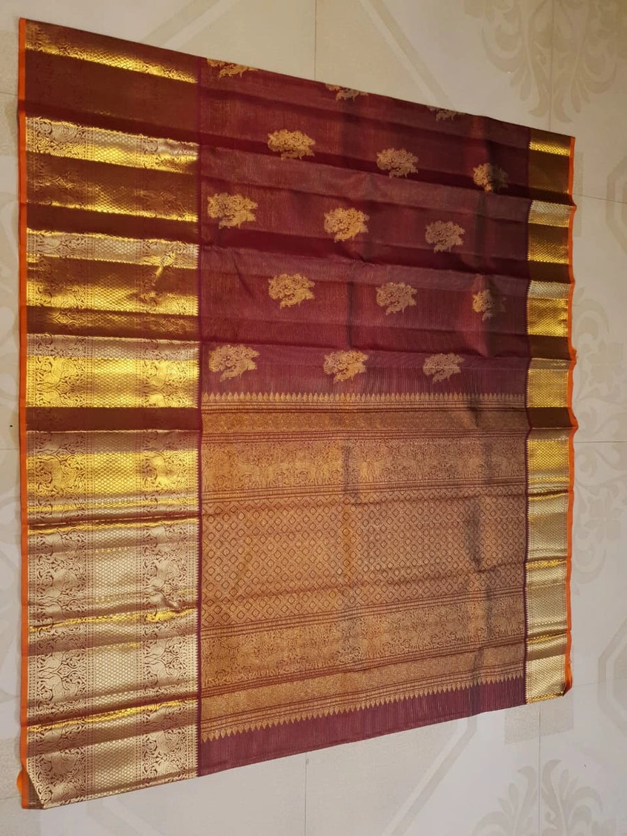2 Gram Pure Kanjivaram Silk Saree in Rich Maroon with Antique Gold Zari Peacock Buttas, Grand Zari Border & Traditional Zari Pallu | Silkmark Certified