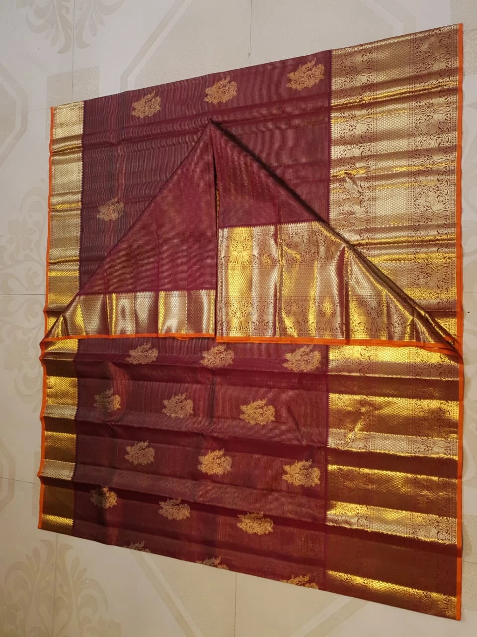 2 Gram Pure Kanjivaram Silk Saree in Rich Maroon with Antique Gold Zari Peacock Buttas, Grand Zari Border & Traditional Zari Pallu | Silkmark Certified