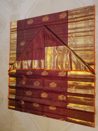 2 Gram Pure Kanjivaram Silk Saree in Rich Maroon with Antique Gold Zari Peacock Buttas, Grand Zari Border & Traditional Zari Pallu | Silkmark Certified
