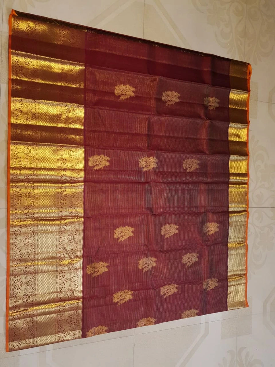 2 Gram Pure Kanjivaram Silk Saree in Rich Maroon with Antique Gold Zari Peacock Buttas, Grand Zari Border & Traditional Zari Pallu | Silkmark Certified