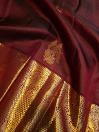 2 Gram Pure Kanjivaram Silk Saree in Rich Maroon with Antique Gold Zari Peacock Buttas, Grand Zari Border & Traditional Zari Pallu | Silkmark Certified