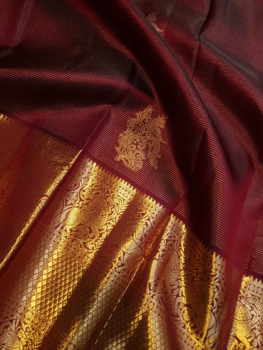 2 Gram Pure Kanjivaram Silk Saree in Rich Maroon with Antique Gold Zari Peacock Buttas, Grand Zari Border & Traditional Zari Pallu | Silkmark Certified