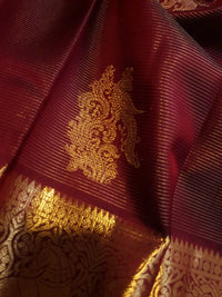 2 Gram Pure Kanjivaram Silk Saree in Rich Maroon with Antique Gold Zari Peacock Buttas, Grand Zari Border & Traditional Zari Pallu | Silkmark Certified