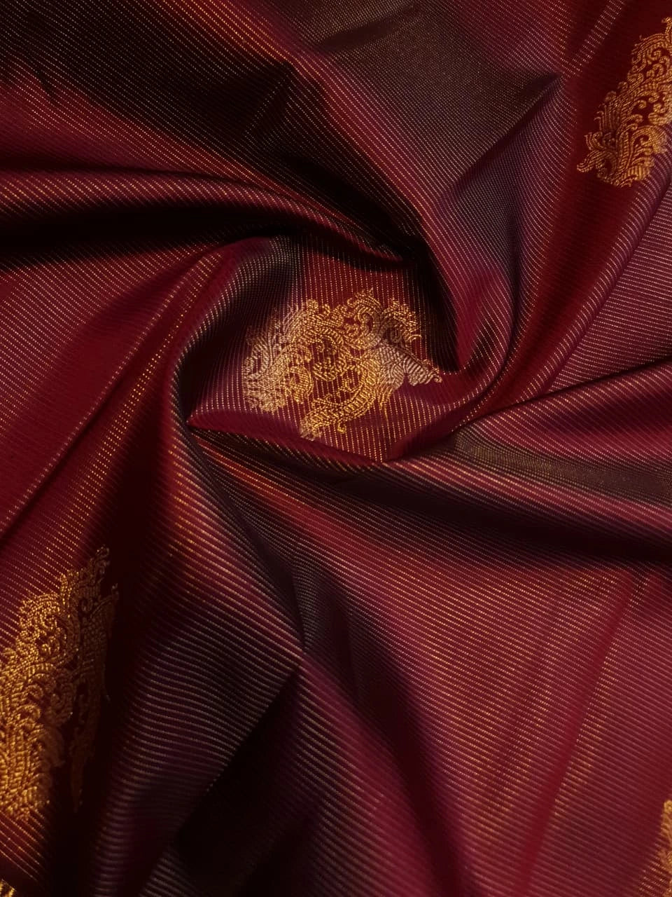 2 Gram Pure Kanjivaram Silk Saree in Rich Maroon with Antique Gold Zari Peacock Buttas, Grand Zari Border & Traditional Zari Pallu | Silkmark Certified