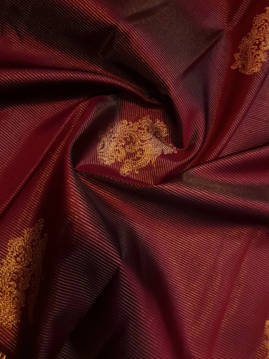 2 Gram Pure Kanjivaram Silk Saree in Rich Maroon with Antique Gold Zari Peacock Buttas, Grand Zari Border & Traditional Zari Pallu | Silkmark Certified