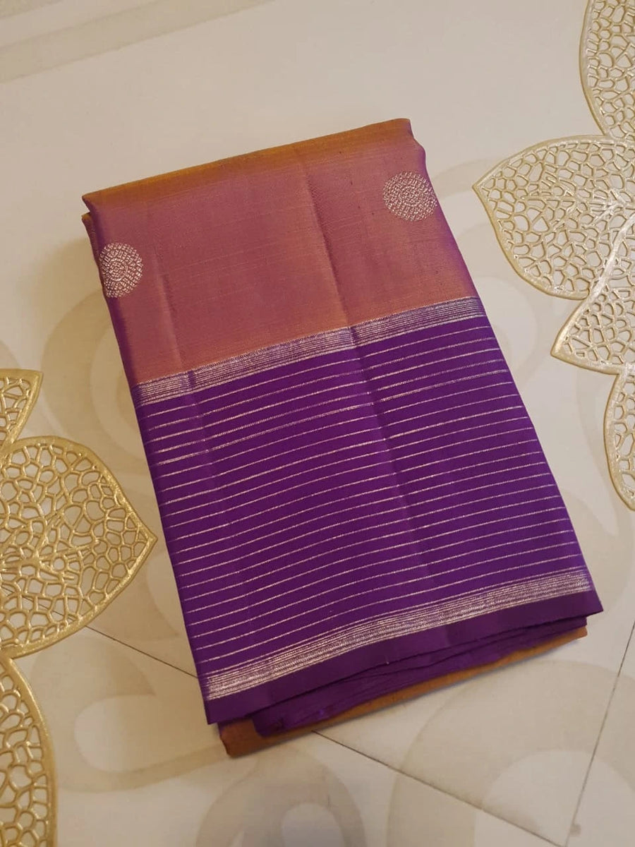 2G  Pure Kanjivaram Silk Saree in Rose Mauve with Rich Purple Zari Striped Border, Traditional Peacock Buttas & Zari Pallu | Silkmark Certified