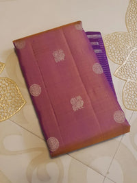 2G  Pure Kanjivaram Silk Saree in Rose Mauve with Rich Purple Zari Striped Border, Traditional Peacock Buttas & Zari Pallu | Silkmark Certified