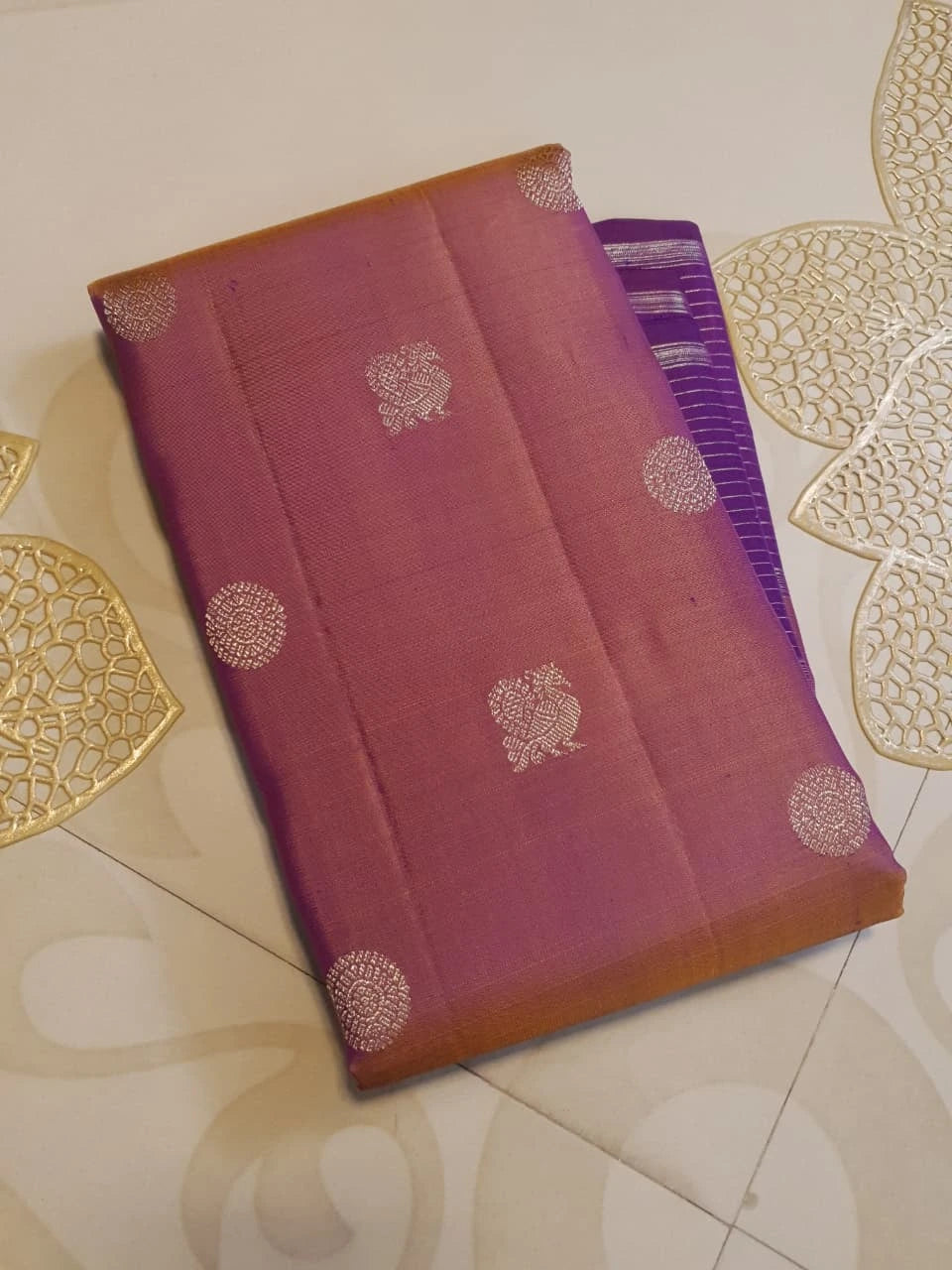 2G  Pure Kanjivaram Silk Saree in Rose Mauve with Rich Purple Zari Striped Border, Traditional Peacock Buttas & Zari Pallu | Silkmark Certified