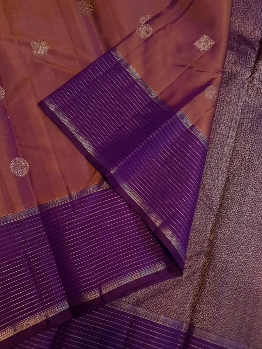 2G  Pure Kanjivaram Silk Saree in Rose Mauve with Rich Purple Zari Striped Border, Traditional Peacock Buttas & Zari Pallu | Silkmark Certified