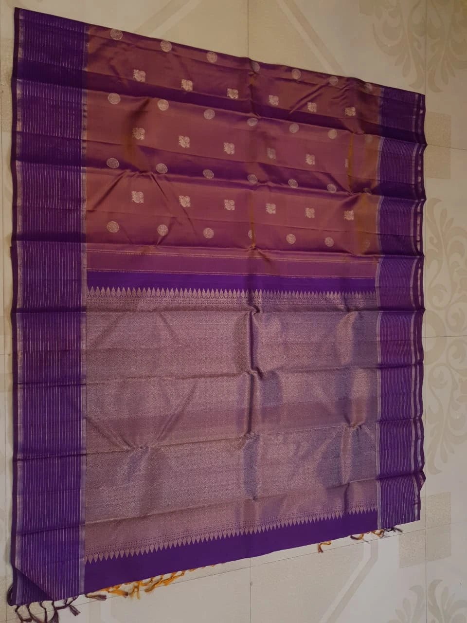2G  Pure Kanjivaram Silk Saree in Rose Mauve with Rich Purple Zari Striped Border, Traditional Peacock Buttas & Zari Pallu | Silkmark Certified