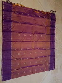2G  Pure Kanjivaram Silk Saree in Rose Mauve with Rich Purple Zari Striped Border, Traditional Peacock Buttas & Zari Pallu | Silkmark Certified