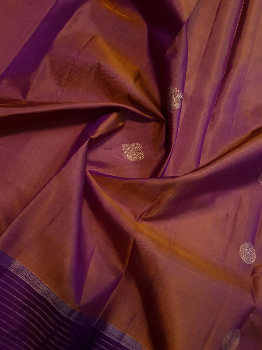 2G  Pure Kanjivaram Silk Saree in Rose Mauve with Rich Purple Zari Striped Border, Traditional Peacock Buttas & Zari Pallu | Silkmark Certified