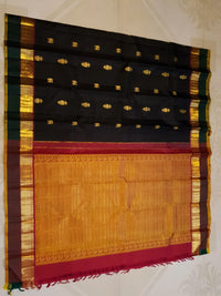 2G Pure Kanjivaram Silk Saree in Black with Bottle Green Gold Zari Border & Traditional Gold Zari Motifs | Silkmark Certified