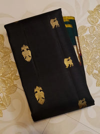 2G Pure Kanjivaram Silk Saree in Black with Bottle Green Gold Zari Border & Traditional Gold Zari Motifs | Silkmark Certified