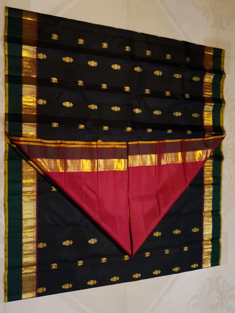 2G Pure Kanjivaram Silk Saree in Black with Bottle Green Gold Zari Border & Traditional Gold Zari Motifs | Silkmark Certified