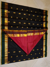 2G Pure Kanjivaram Silk Saree in Black with Bottle Green Gold Zari Border & Traditional Gold Zari Motifs | Silkmark Certified